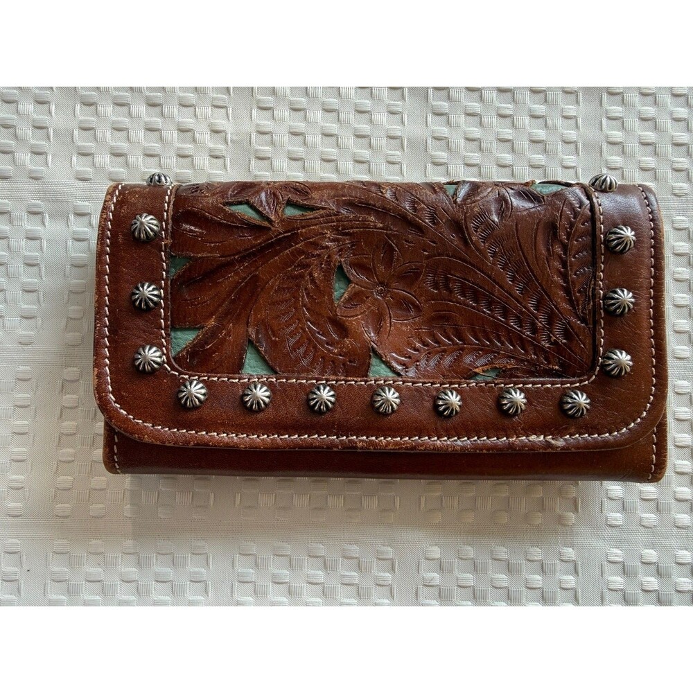 American West Wallet Burgundy Brown Floral Tooled Studded Leather Trifold